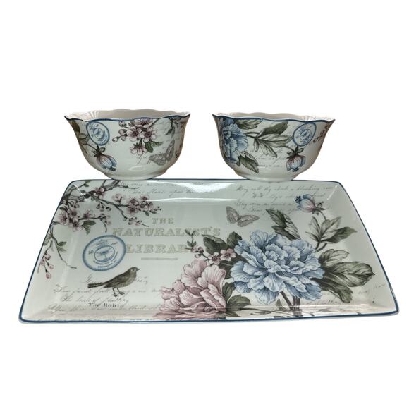 Verdi Aubais Fine China Porcelain Fine Rectangular Serving Plate with 2 Bowl Set - Picture 1 of 6